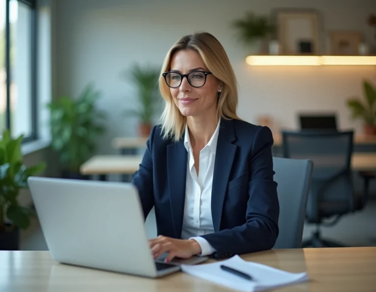 Agente hospitalière accédant à son espace personnel CGOS sur un ordinateur portable dans un bureau administratif moderne