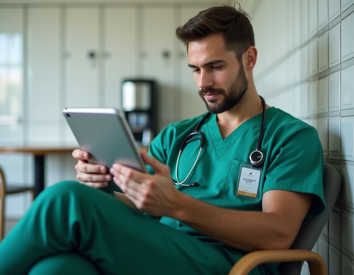 Soignant en tenue hospitalière consultant les avantages CGOS sur une tablette dans une salle de pause