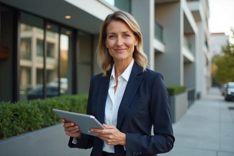 Agente immobilière professionnelle devant un immeuble résidentiel moderne tenant une tablette avec des annonces immobilières