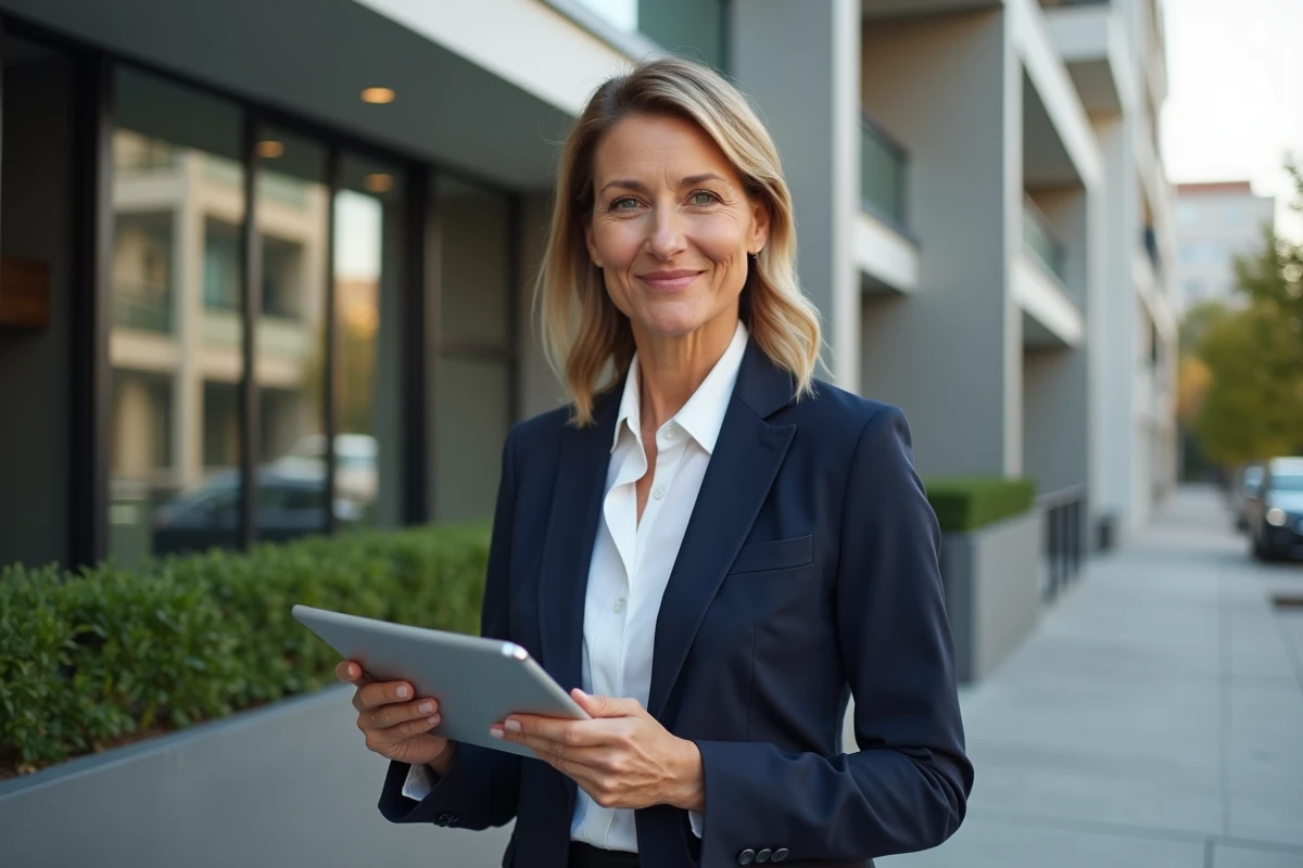 Agente immobilière professionnelle devant un immeuble résidentiel moderne tenant une tablette avec des annonces immobilières