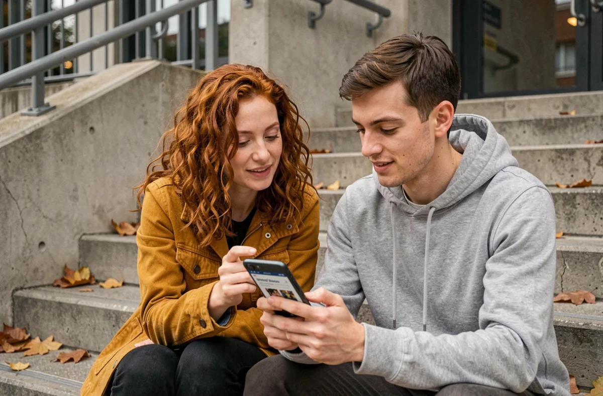 Deux amis consultant ensemble le contenu du site Trouble Fête sur un smartphone devant un centre culturel