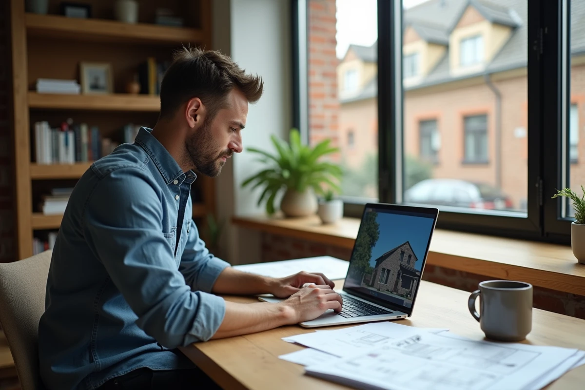 Architecte d'intérieur travaillant sur des tendances immobilières avec des brochures et un ordinateur portable dans un bureau design