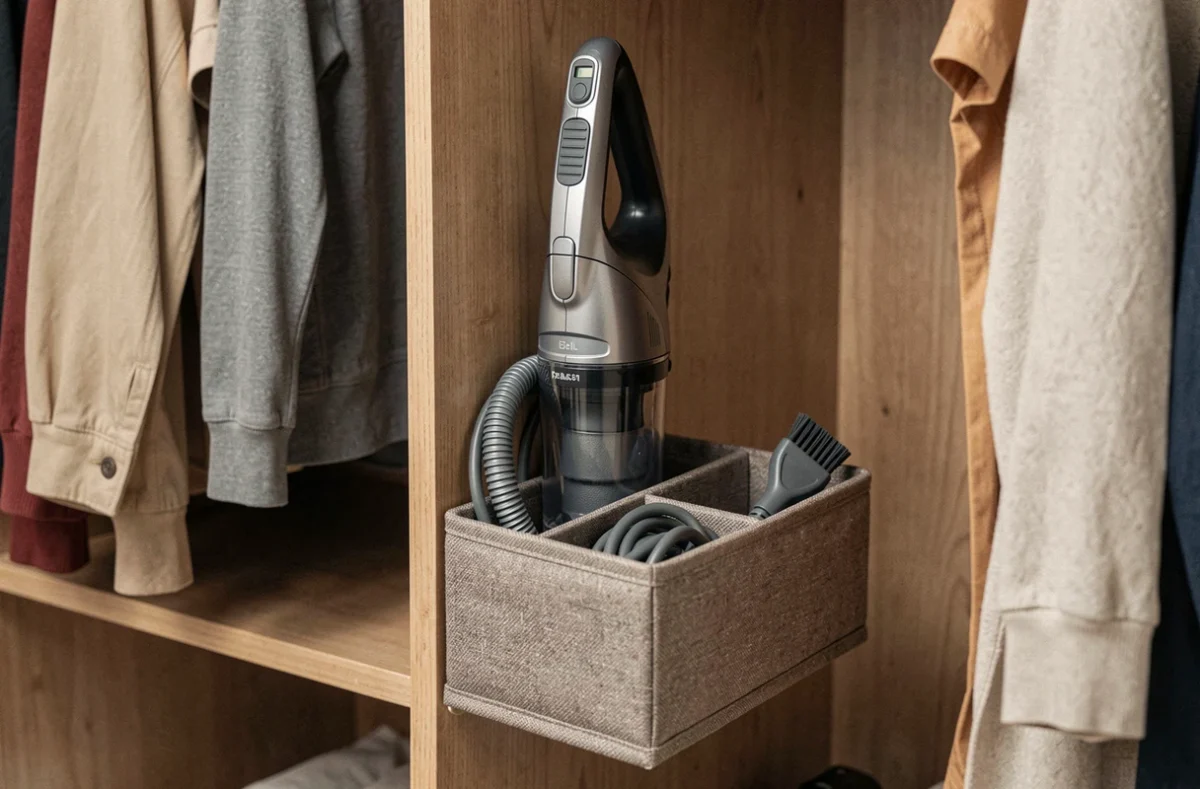 Rangement d'aspirateur à main dans un organiseur en tissu intégré à l'intérieur d'une armoire de chambre avec accessoires bien ordonnés