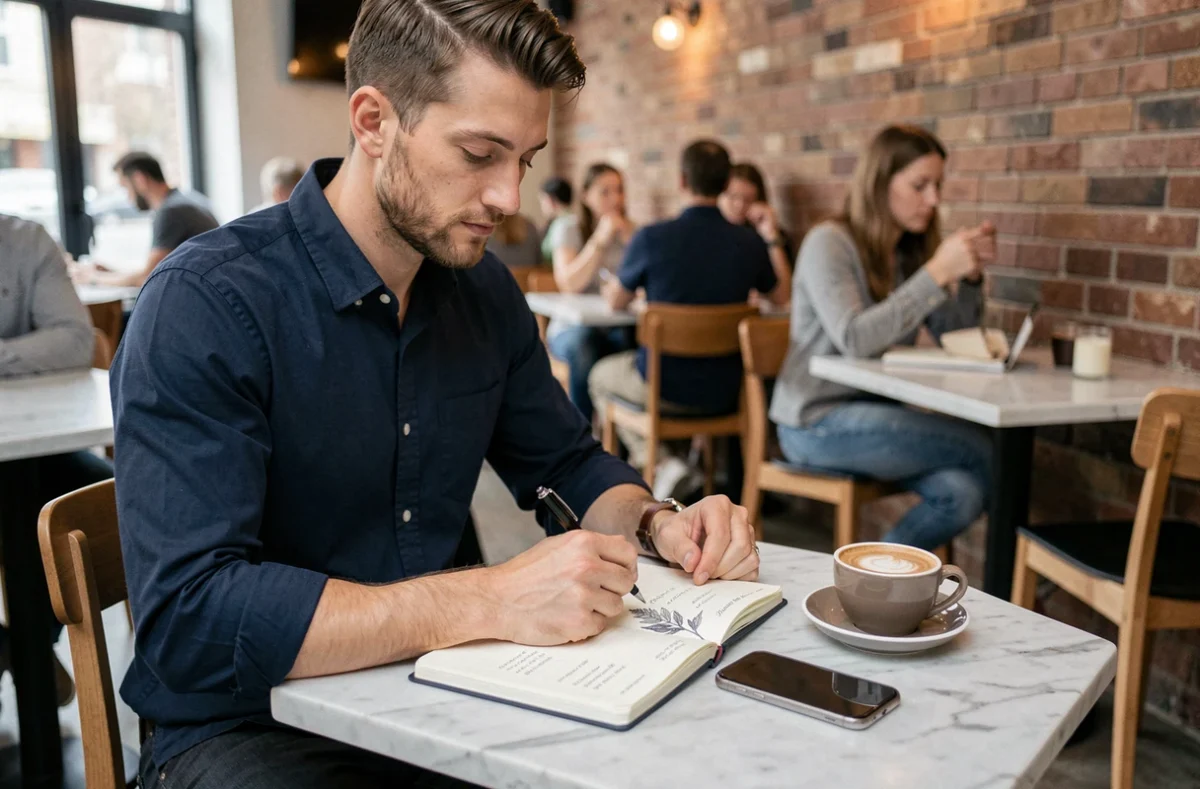 Homme planifiant le contenu de son blog personnel dans un café moderne avec un carnet et un smartphone