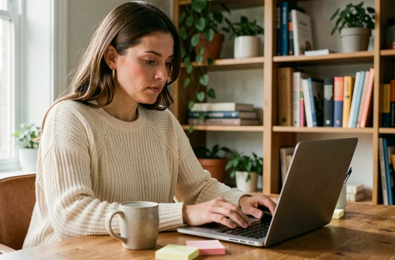 Femme blogueuse travaillant sur son ordinateur portable dans un bureau à domicile chaleureux avec des notes et un café