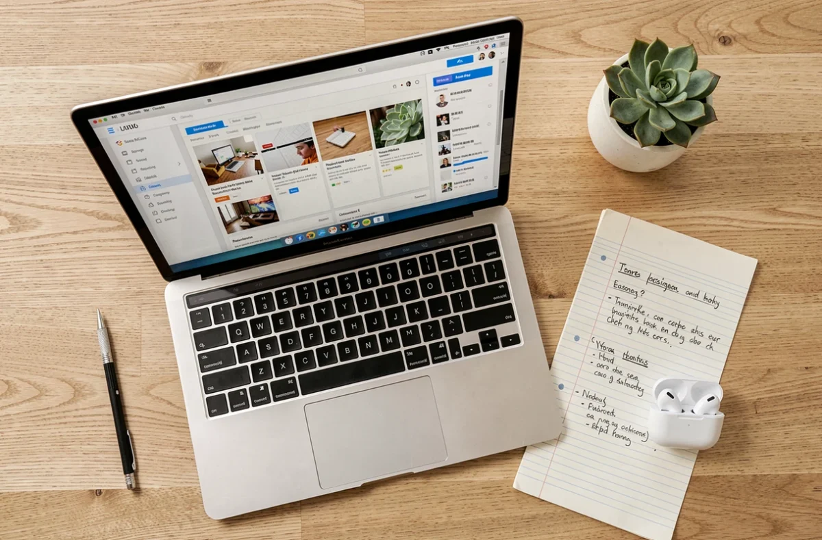 Vue de dessus d'un bureau de blogueur avec laptop, carnet de notes et accessoires pour créer un blog en 2024