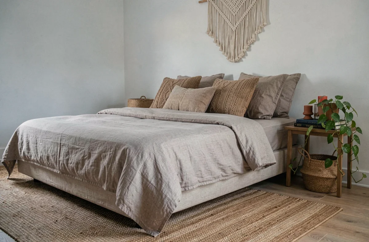 Chambre cocooning avec literie en lin, coussins texturés, tapis en jute et décoration naturelle pour un intérieur chaleureux