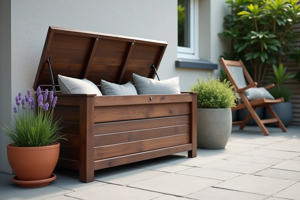 Coffre de jardin en bois style banquette rangé sur une terrasse avec coussins et outils de jardinage à l'intérieur