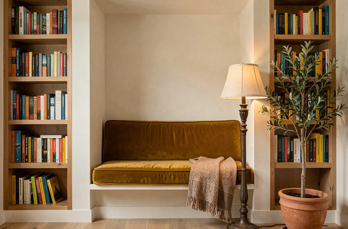 Coin lecture encastré avec étagères de livres, banquette en velours moutarde et plante d'intérieur pour une atmosphère accueillante