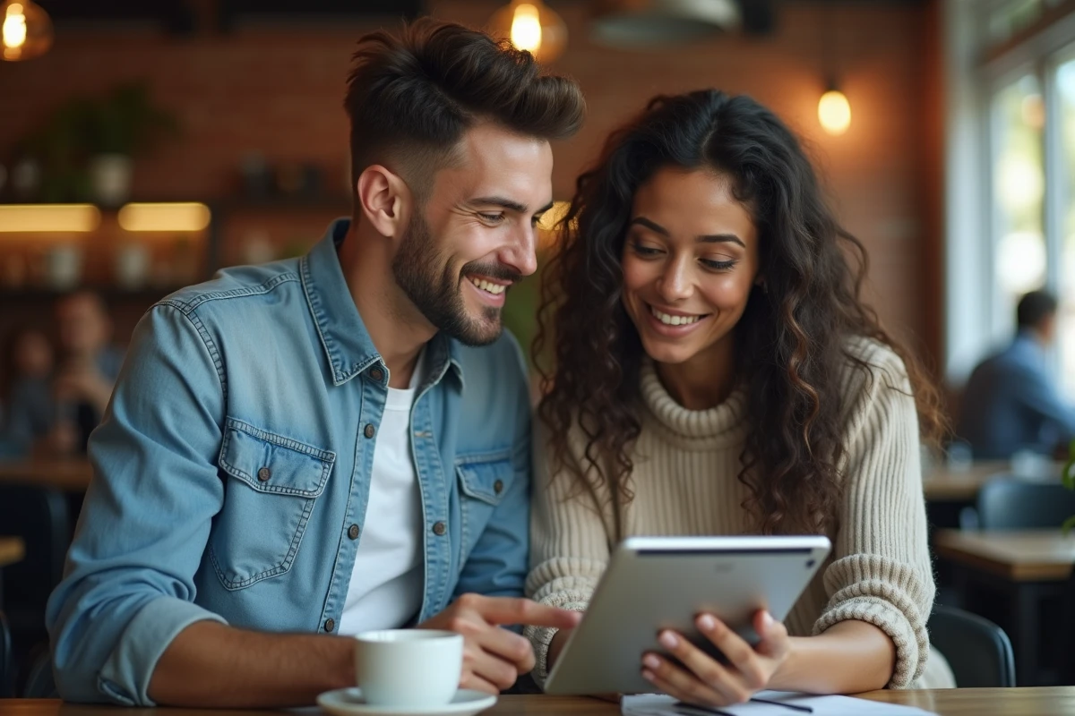 Deux collègues consultant les résultats de recherche sur une tablette pour trouver la bonne adresse d'un site de streaming