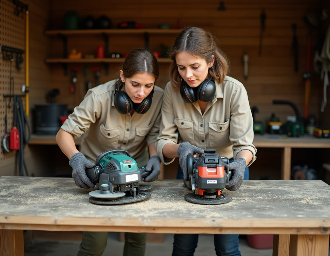 Femme comparant une débroussailleuse électrique filaire et une débroussailleuse à batterie sur un établi en bois dans un atelier de jardin