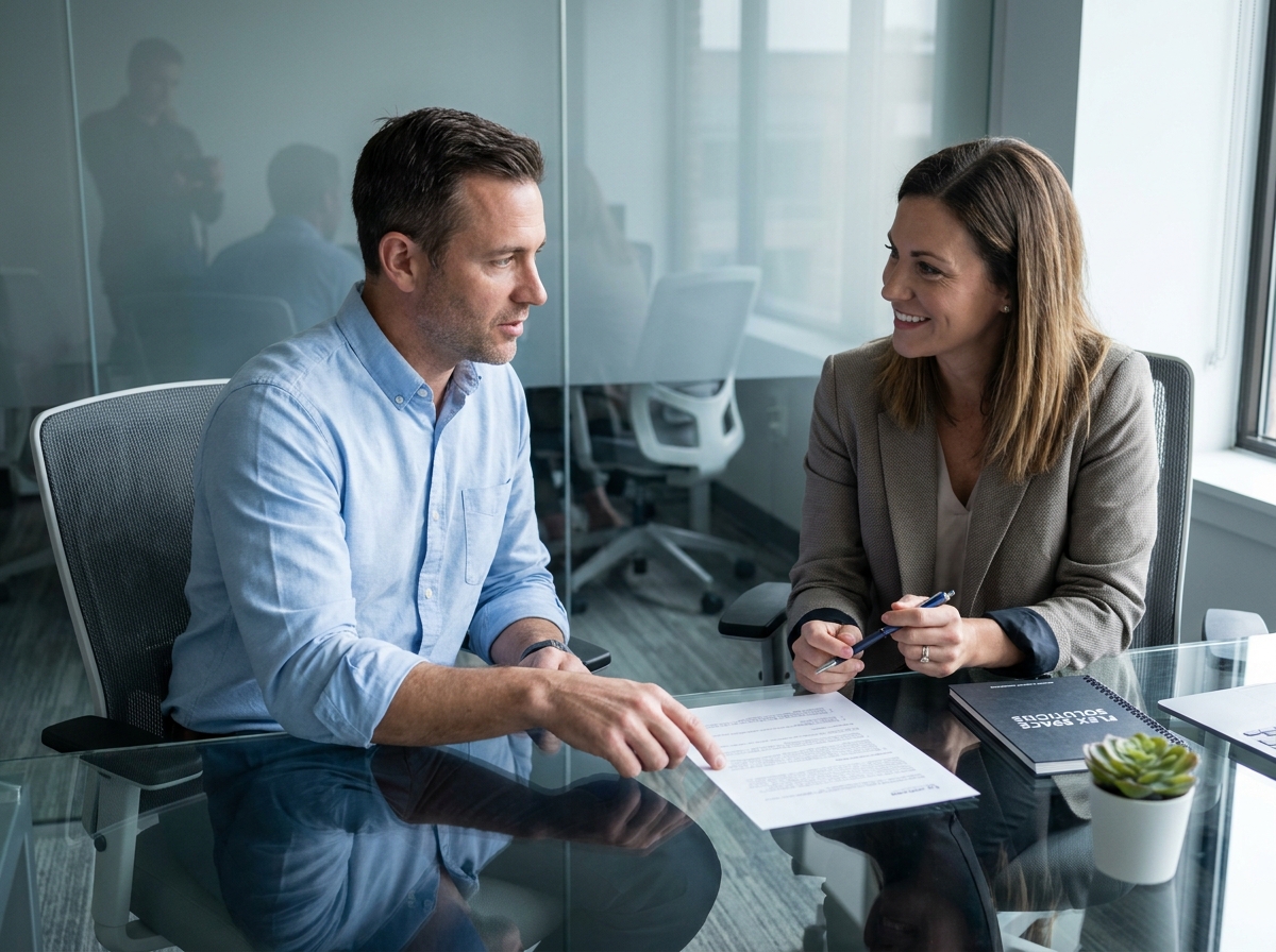 Consultant indépendant en portage salarial discutant d'un contrat avec un conseiller dans un espace de coworking