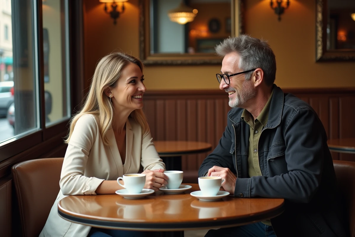 Homme et femme en discussion dans un café parisien, évoquant la relation intime et professionnelle d'un couple médiatique