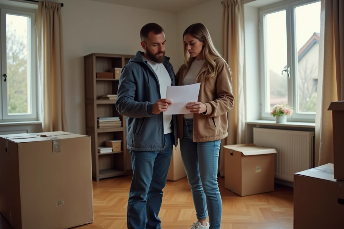 Couple de gendarmes en civil entouré de cartons dans leur maison lors d'une préparation à la mutation
