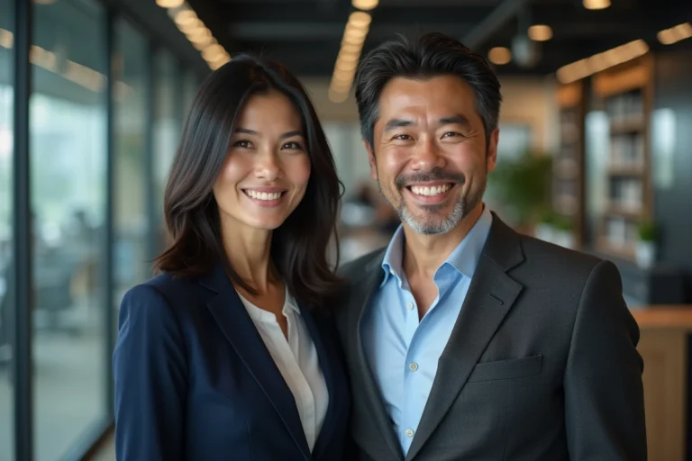 Couple de professionnels dans un bureau éditorial moderne, symbolisant la vie commune de Charlotte d'Ornellas et Geoffroy Lejeune