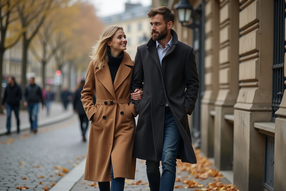 Couple élégant se promenant dans une rue parisienne en automne, illustration de la vie commune d'un duo médiatique influent