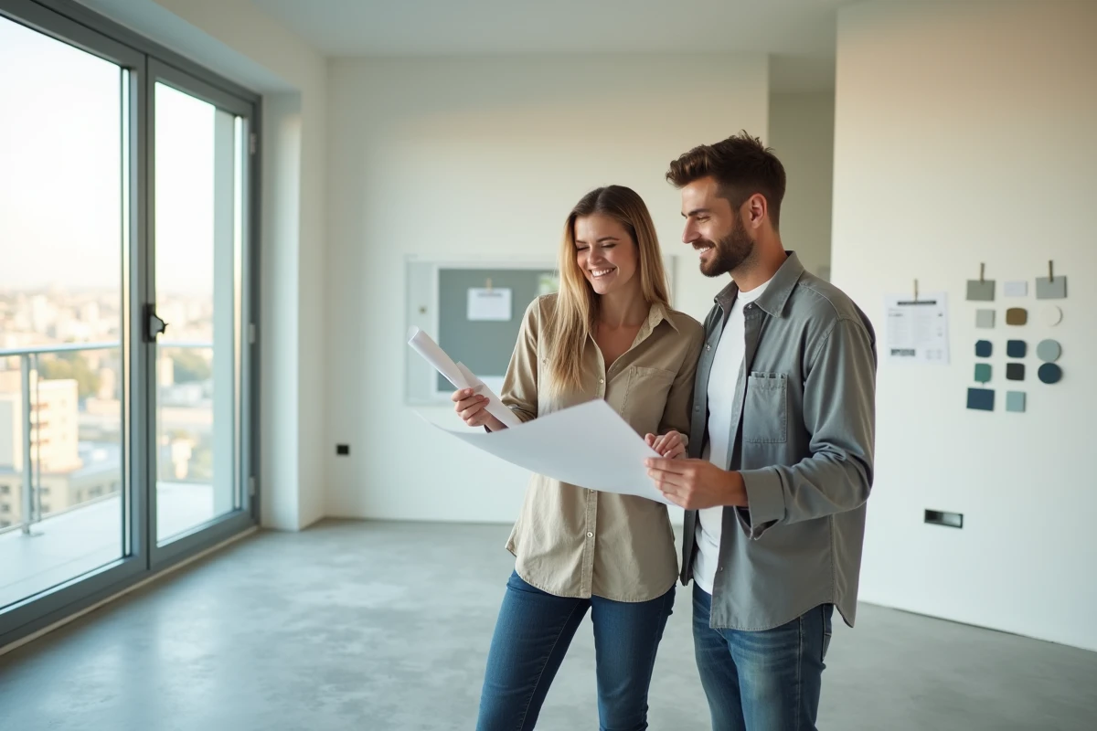 Couple visitant un appartement neuf non meublé et examinant des plans d'architecture pour un projet immobilier