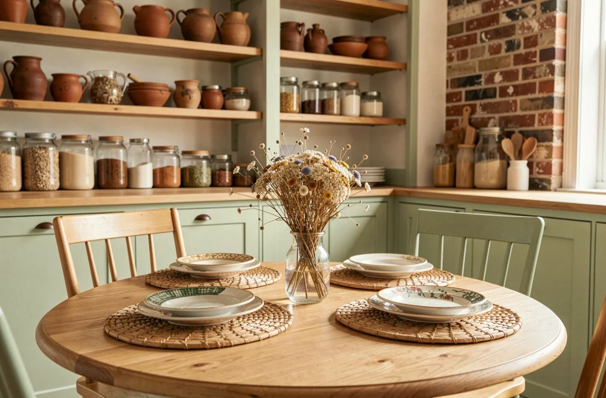 Coin repas convivial avec table en chêne, céramiques artisanales et étagères en bois dans une cuisine chaleureuse