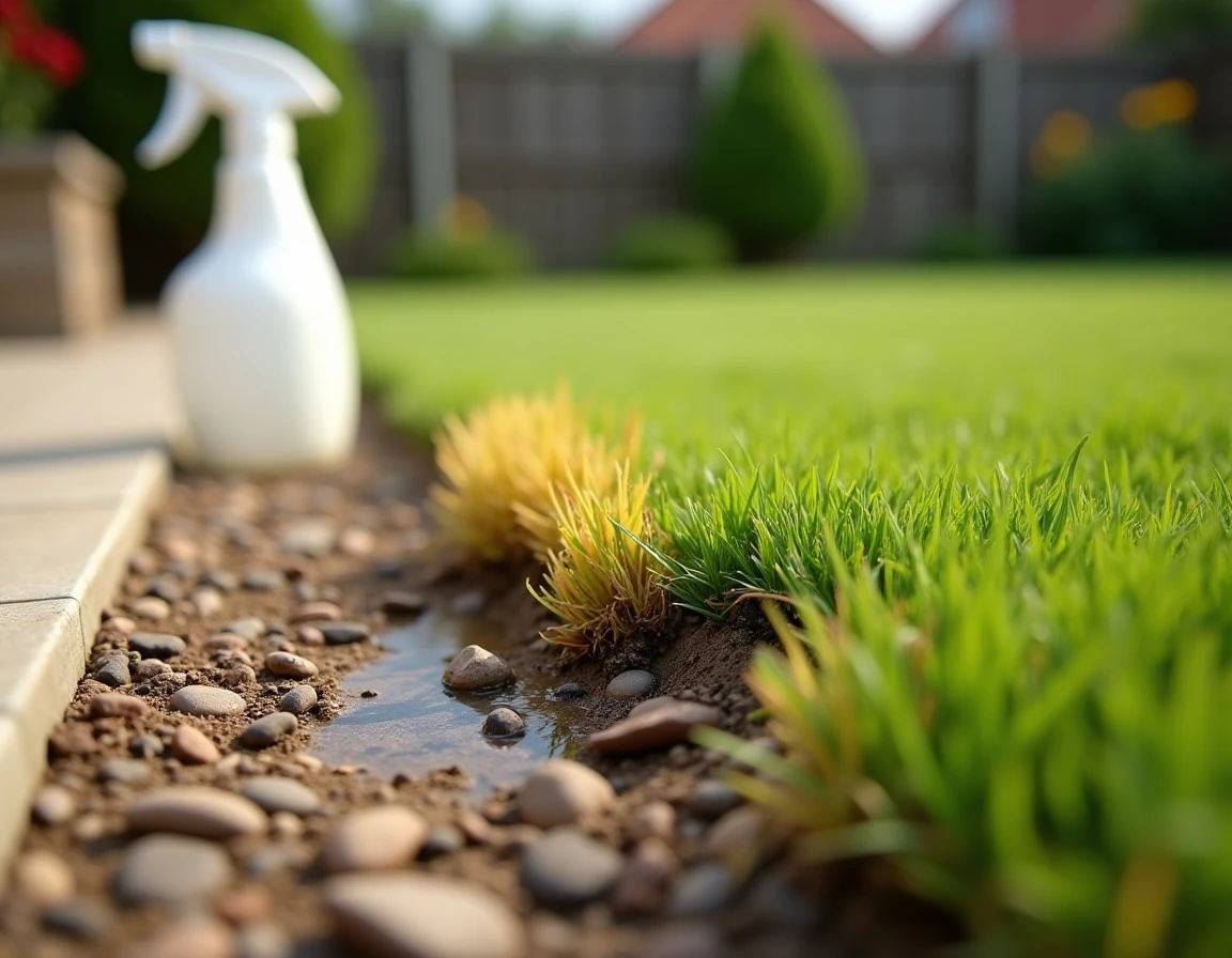 Gros plan sur des brins d'herbe abîmés par du vinaigre à côté d'une pelouse verte saine