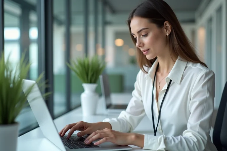 Employée L'Oréal consultant le site de vente réservé au personnel sur un ordinateur portable en bureau