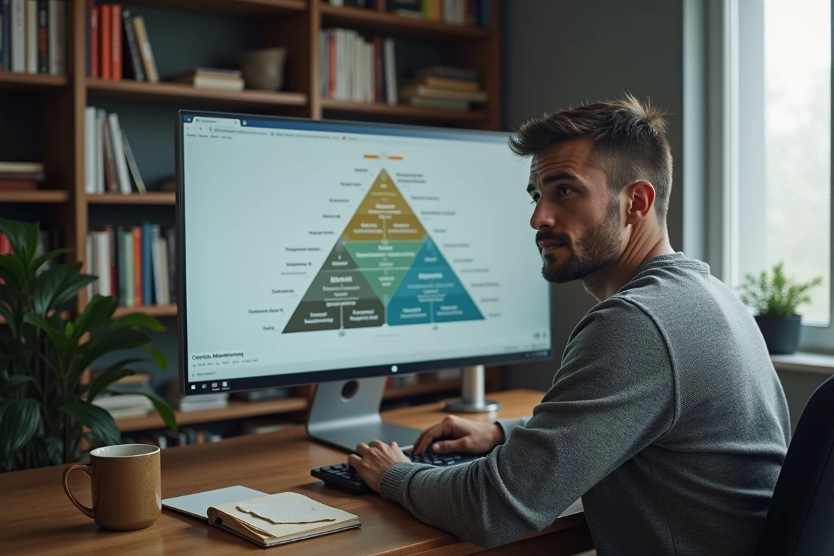 Entrepreneur travaillant seul sur une méthodologie de marketing digital structurée dans un bureau à domicile