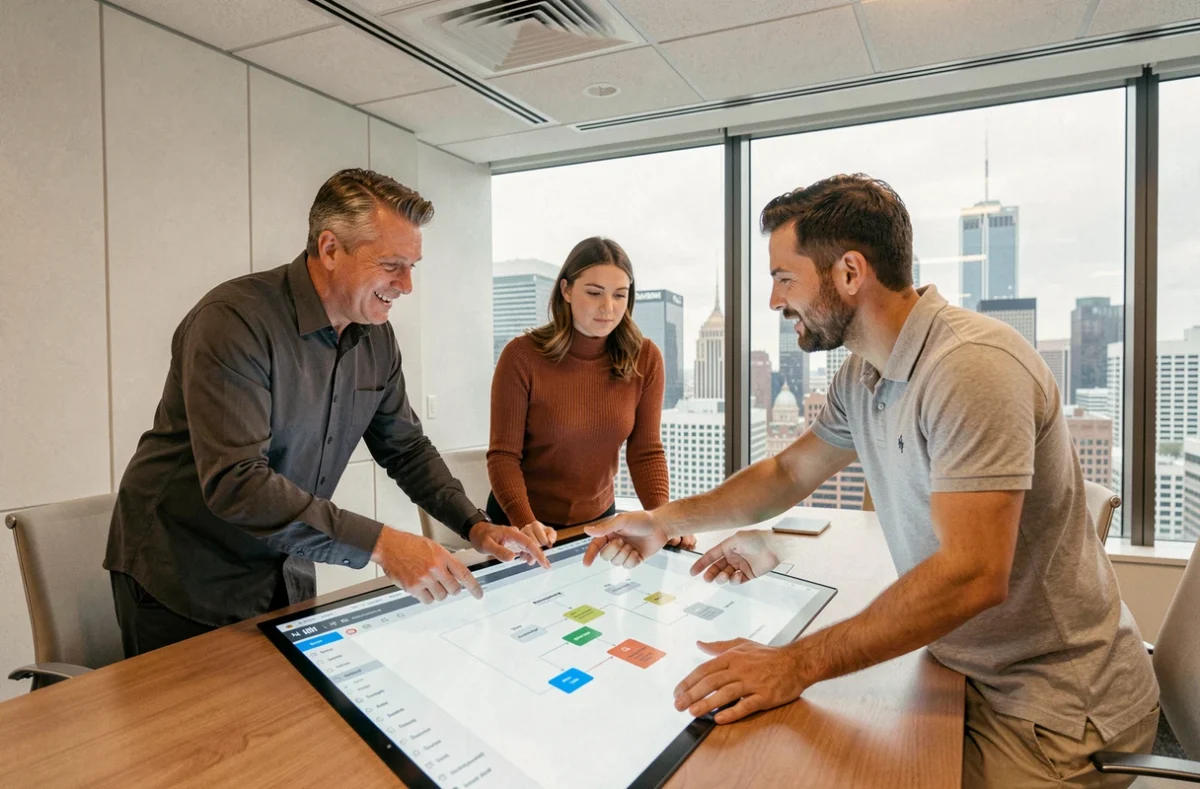 Équipe de professionnels collaborant autour d'une table de conférence tactile avec des logiciels de gestion de projet