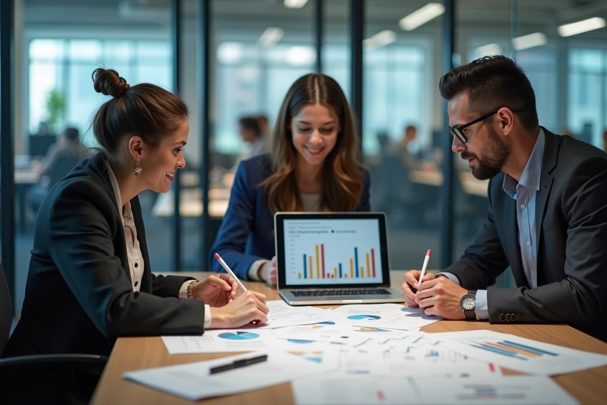 Équipe de professionnels du marketing digital collaborant autour d'une table avec des rapports et un tableau de bord numérique