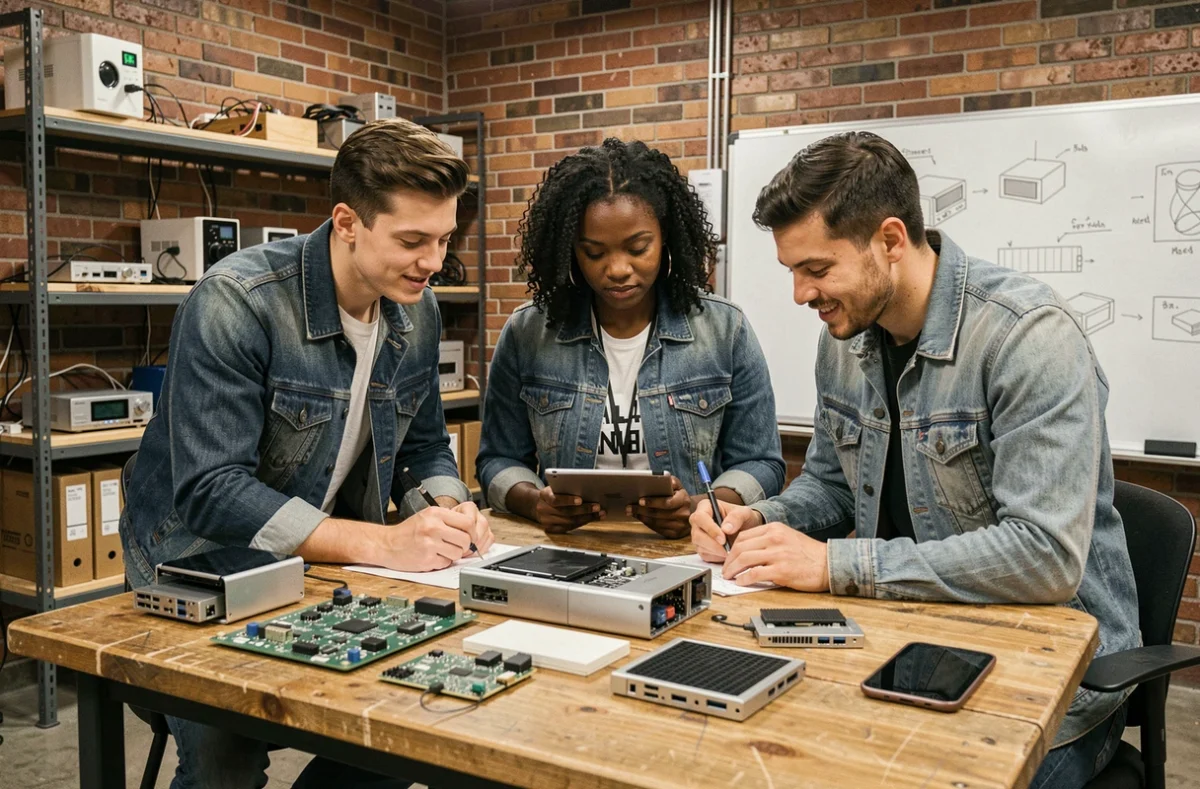 Équipe de jeunes professionnels collaborant autour d'un prototype technologique dans un espace de startup moderne