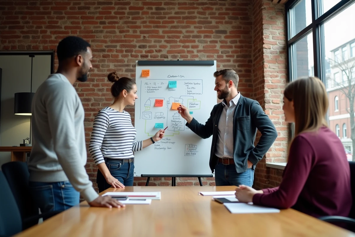 Équipe marketing collaborant autour d'un tableau blanc avec des stratégies de présence digitale dans une agence créative