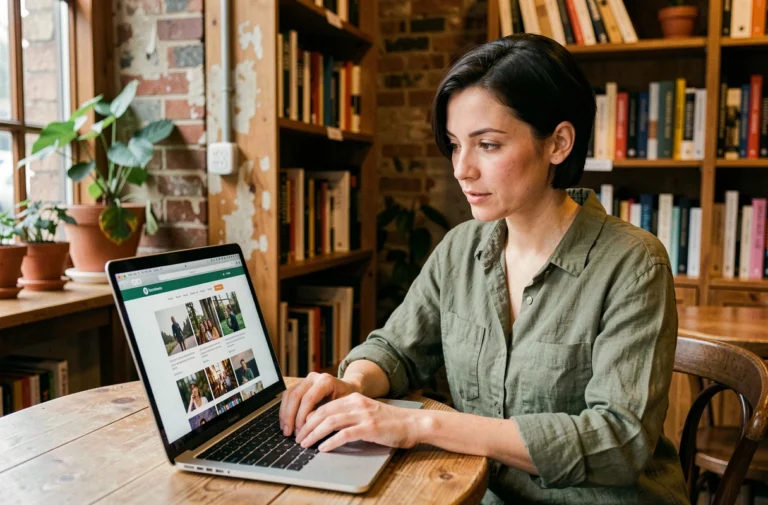 Femme explorant le site Trouble Fête sur un ordinateur portable dans un café librairie chaleureux