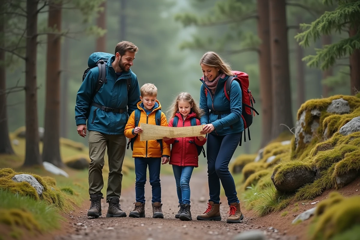 Famille de quatre en randonnée dans la forêt