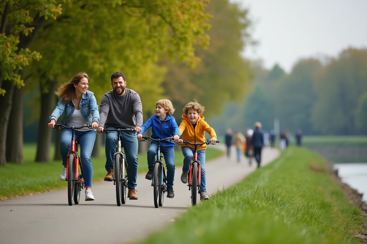 Famille souriante à vélo au bord de la rivière en plein air