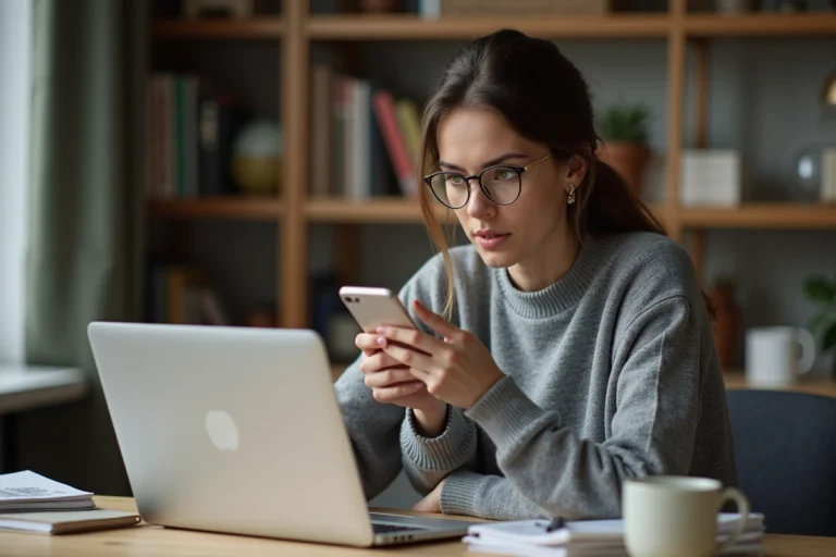 Femme au bureau avec ordinateur et smartphone pour article