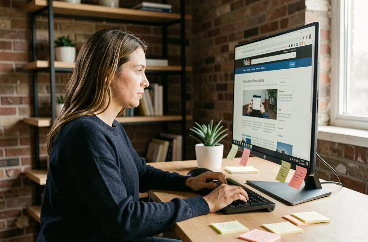 Femme passionnée de nouvelles technologies consultant des ressources web sur un grand écran dans un bureau minimaliste moderne