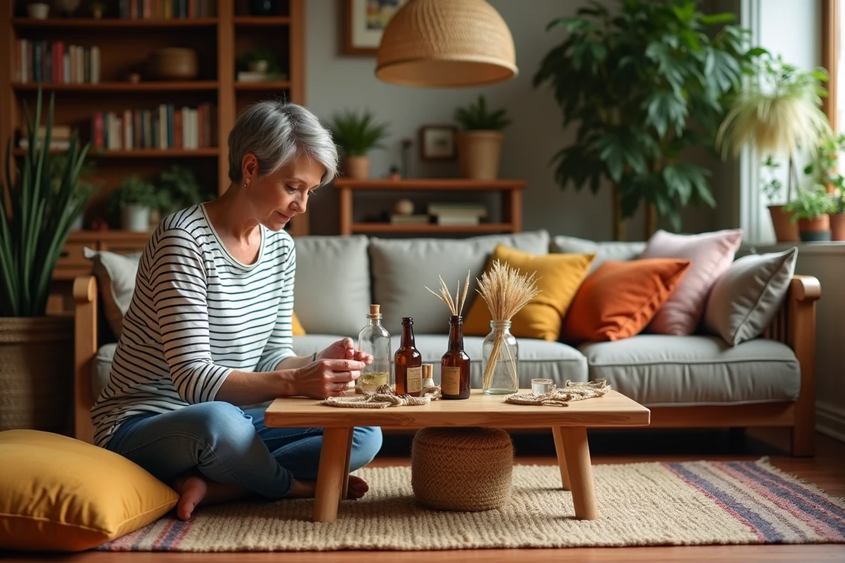 Femme créant un centre de table bohème avec des bouteilles en verre et de l'herbe de pampas dans un salon éclectique
