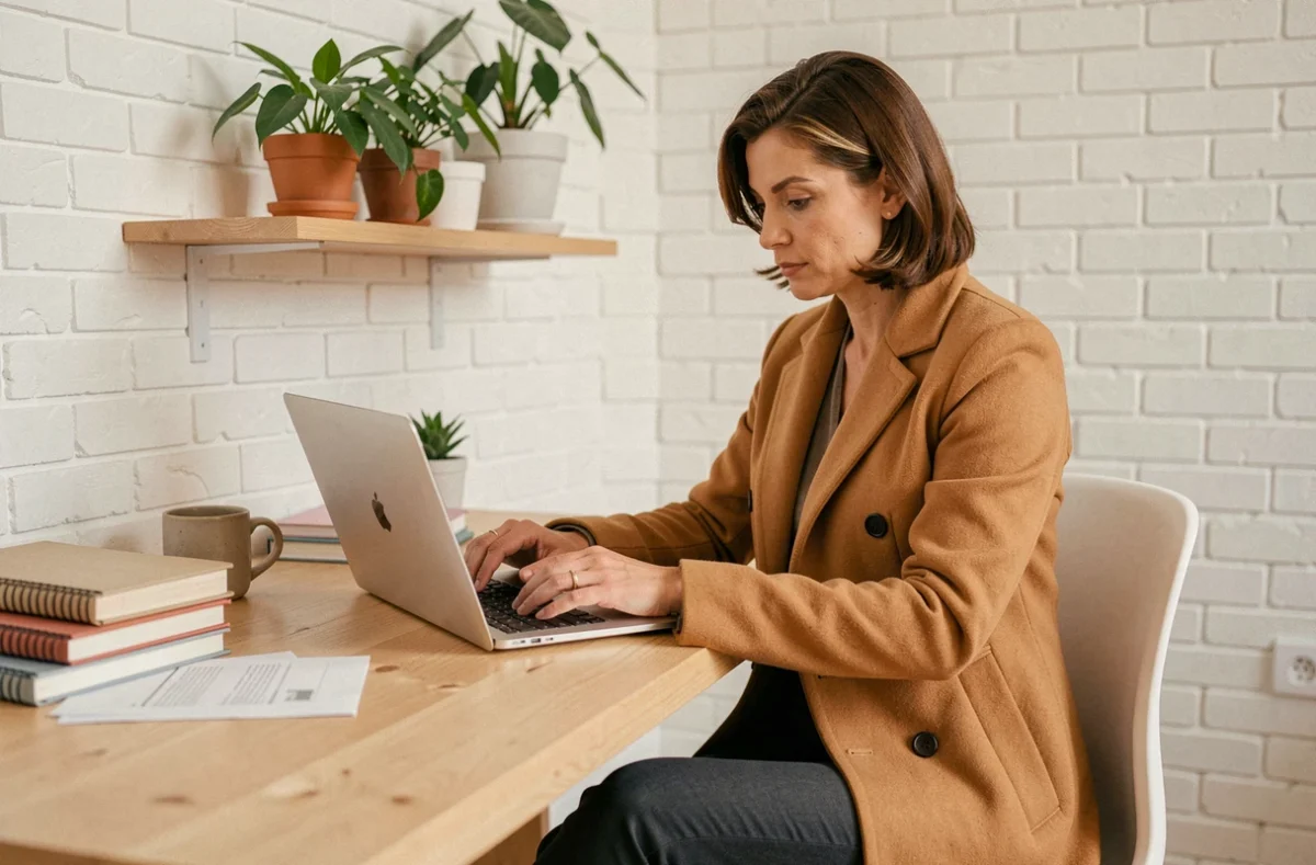 Femme cheffe d'entreprise concentrée travaillant sur son ordinateur portable dans un bureau à domicile organisé