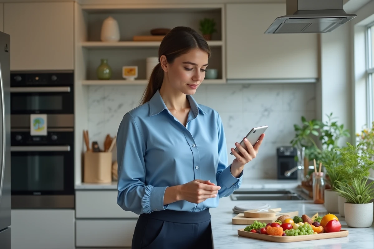 Femme en cuisine préparant un lunch sain