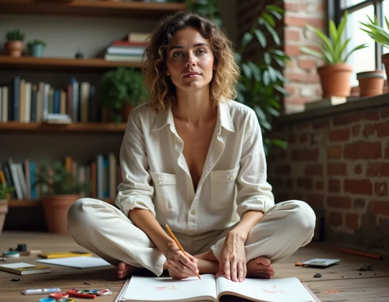 Femme en train de dessiner librement dans un journal artistique entourée de peintures aquarelles, illustrant le développement de la créativité au quotidien