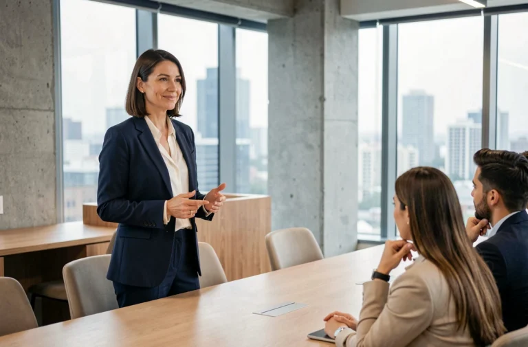 Femme entrepreneure confiante présentant sa stratégie à son équipe dans un bureau moderne et lumineux