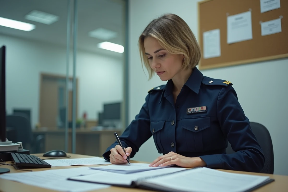 Femme gendarme lisant un dossier de mutation dans un bureau administratif de gendarmerie