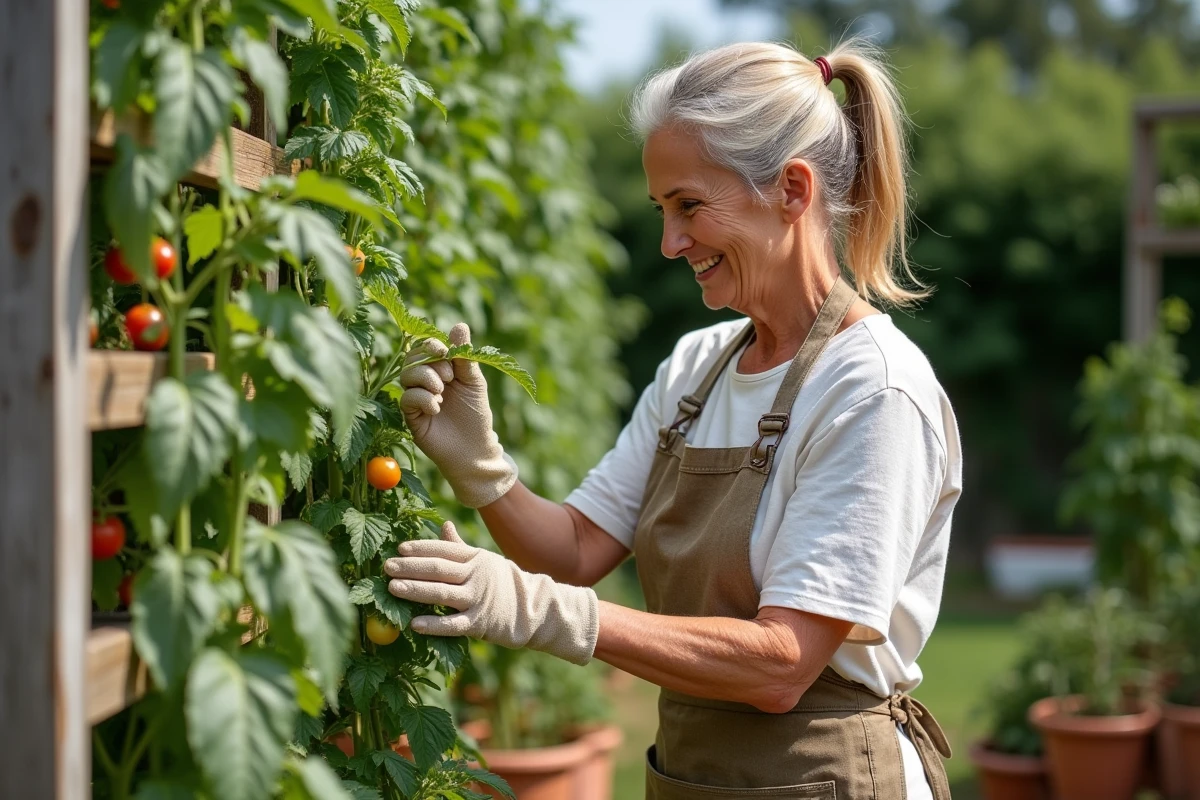 Femme jardinière inspectant ses plants de tomates dans un potager surélevé en bois, évaluant la maturité des fruits