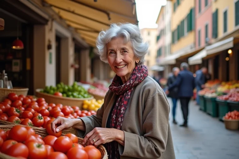 Femme italienne âgée choisissant des tomates au marché de Bordighera