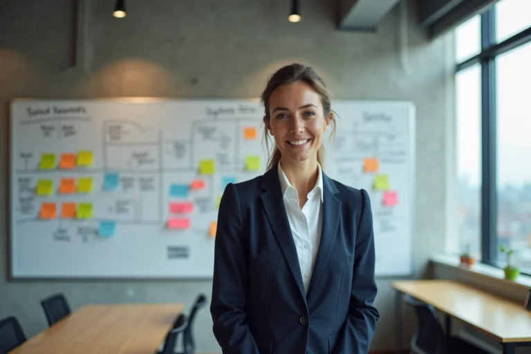 Professionnelle en marketing digital structurant une stratégie sur un tableau blanc dans un bureau moderne