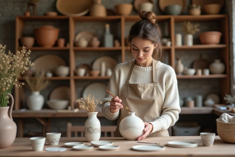 Femme peignant des motifs géométriques sur un vase en céramique dans un atelier DIY cosy avec murs en briques apparentes