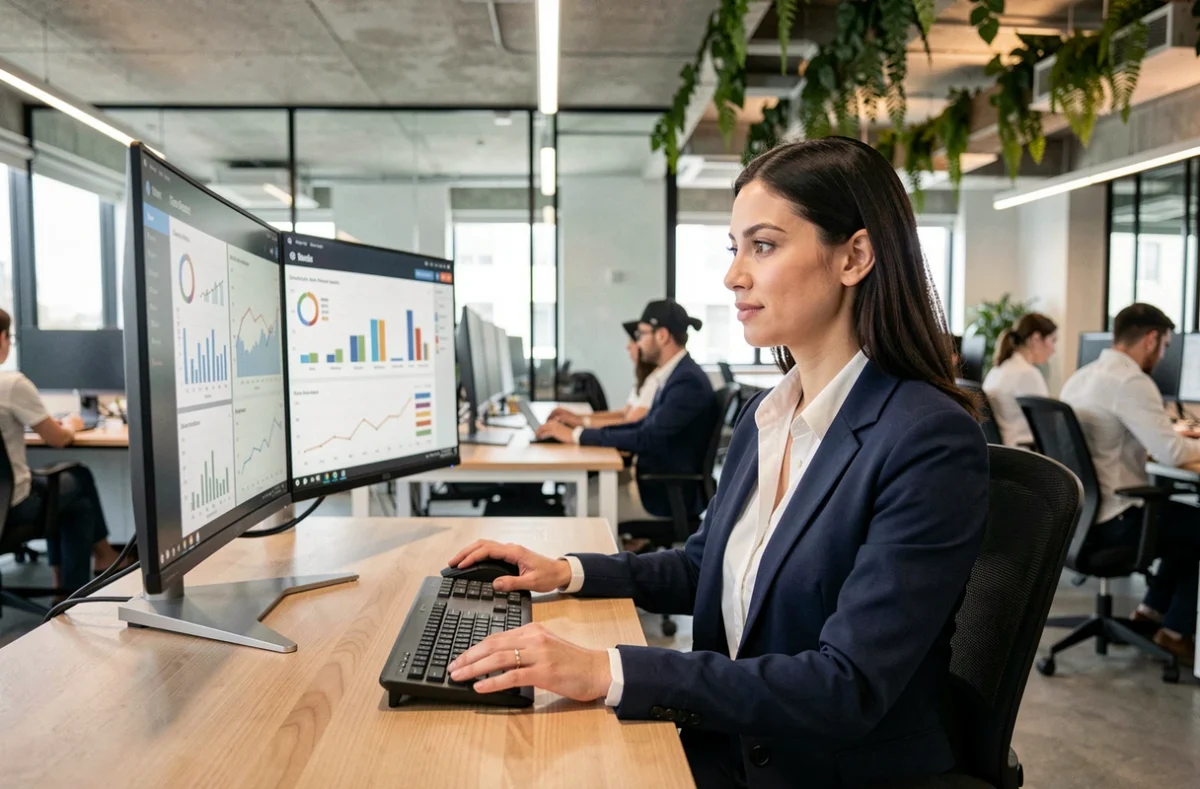 Femme professionnelle travaillant sur deux écrans dans un bureau moderne pour optimiser la productivité de son entreprise