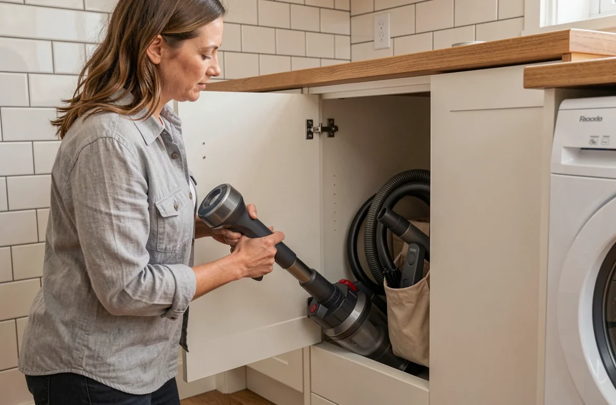 Femme rangeant un aspirateur traîneau dans un meuble bas dédié dans une buanderie moderne avec accessoires organisés