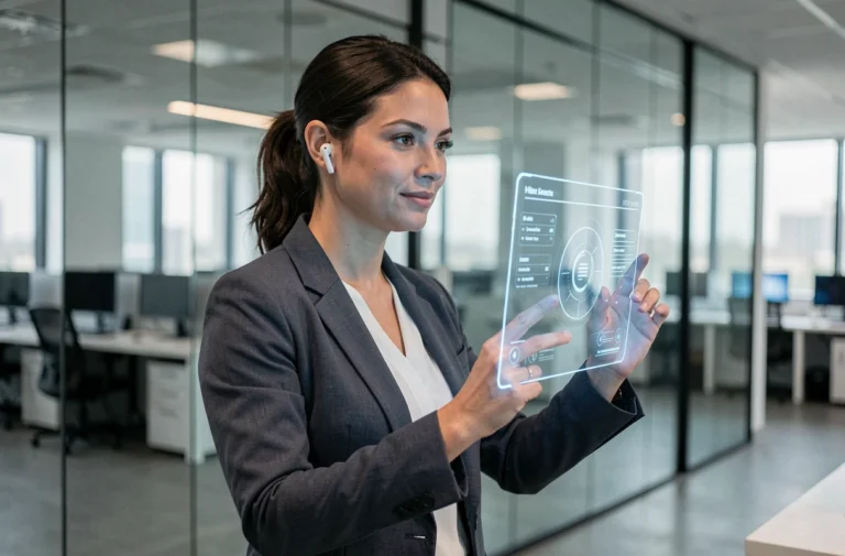 Femme professionnelle interagissant avec une interface en réalité augmentée dans un espace technologique moderne