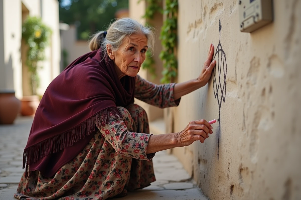 Femme romani traçant un signe traditionnel à la craie sur un mur blanchi à la chaux dans une ruelle de village