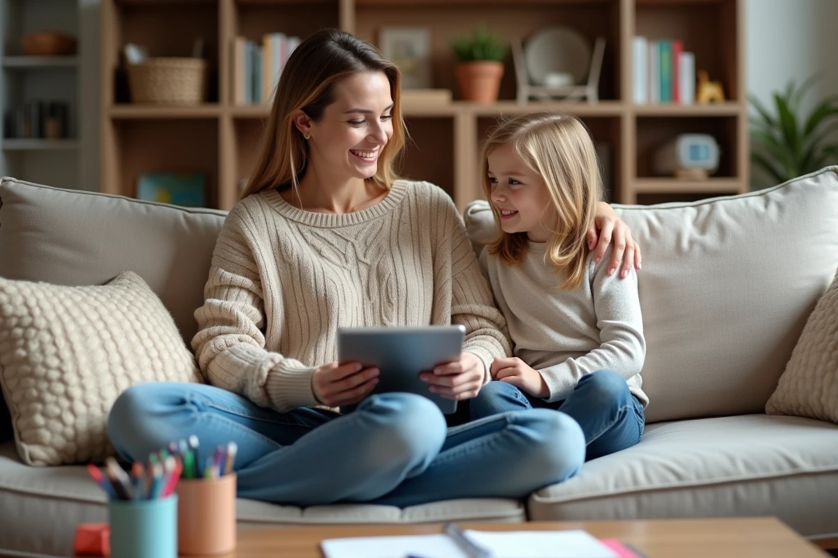 Femme souriante avec sa fille dans un salon cosy