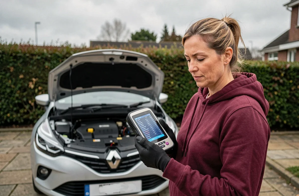 Femme utilisant un scanner OBD2 pour vérifier l'injection d'une Renault Clio 5 dans une allée résidentielle